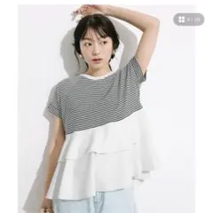 【大人気】coca 異素材切り替え2段フリルTシャツ レディース