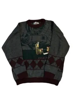 アーガイルパターン ニットセーター グレー/バーガンディ