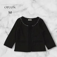 【OFUON】オフオン ビジュー付きカーディガン 黒 レース切替 Mサイズのサムネイル