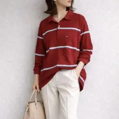 トミーヒルフィガー［M］上品カジュアル◎インド綿◎ロゴ刺繍◎ボーダー柄ポロシャツ