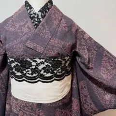 着物　紫　パープル　小紋　漆織　袷　かっこいい　しつけ付き