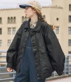 ［タグ付き］比翼デザインヴィンテージライク オーバーサイズブルゾン　ブラック系1