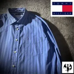 希少　TOMMY HILFIGER 青 ストライプ 長袖シャツ　80〜90s