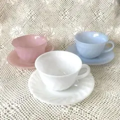 ファイヤーキング スワール カップアンドソーサー 3色セット Fire King (ファイヤーキング) カップ&ソーサー ミルクガラス