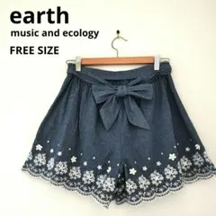 アースミュージックアンドエコロジー キュロット フレア ショートパンツ 花柄刺繍