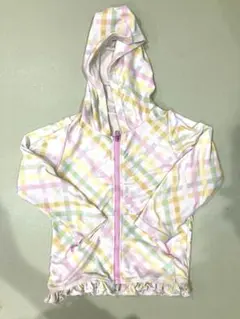 サイズ90女の子 ラッシュガード フリル チェック ピンク フード付き