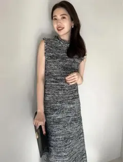 anuans ブラッシュツイードニットワンピース　ブラック