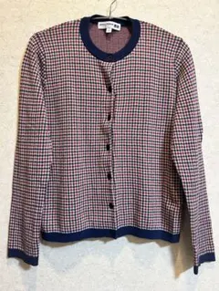 美品 ユニクロ INES イネス ジャカード カーディガン 紺×赤 Ｌ