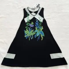 トクコプルミエヴォル　ニットチュニック　フラワー　刺繍　リネン　定価約7万円　黒