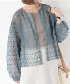 シアー花柄刺繍ブラウス　緑のサムネイル