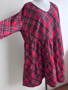 新品、3L ティアードワンピース Vネック チェック大きいサイズ