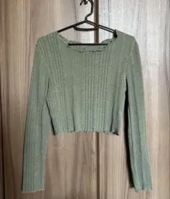 リブニット 長袖 トップス グリーン M