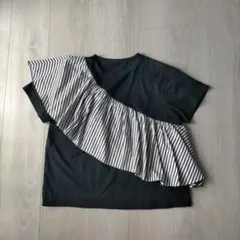 Deux Amour ストライプフリル切替 半袖Tシャツ ブラックのサムネイル