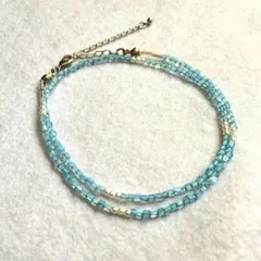 【ハンドメイド】爽やかクリアブルー＆パール ビーズネックレス　韓国風・重ね付け