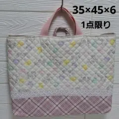 ハンドメイド大きめレッスンバッグ　ユニコーン　白×ピンクチェック　入園入学