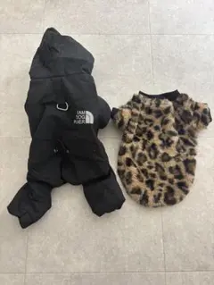 ✓Mサイズ 犬服セット フード付き黒コート ヒョウ柄