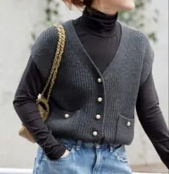 spick and span　パールボタン畦ニットベスト　グレー