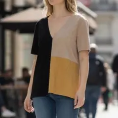 美品 ザラ ZARA トップス S 黒×黄×ベージュ スエード風 カラーブロック