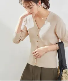ロペピクニック マカロンカラーリブニットカーディガン ベージュ Vネック