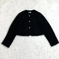 LAUIR レディース ツイードノーカラージャケット 黒 金ボタン 短丈 Lのサムネイル