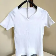 ☆20%お値下げしました【GU】リブ編み ホワイト XL半袖カットソー Vネック