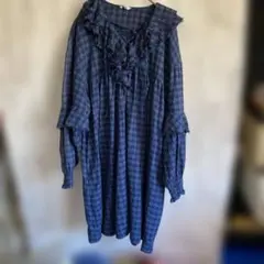 【niko and...ニコアンド】ネイビー系チェック フリル襟 ワンピース