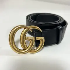 【美品】GUCCI ダブルG ワイドベルト 90センチ 黒レザー ゴールド金具