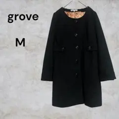 grove ノーカラーコート ブラック M ロング丈 裏地付き　ラビット毛皮使用