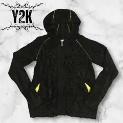 y2k 古着 シャギーニットフーディー 黒 ラグラン 平成 グランジ ギャル男