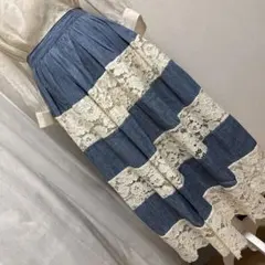alice＋olivia デニムカラースカート レースティアード　麻　綿のサムネイル