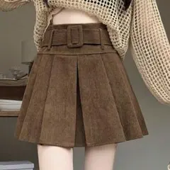 コーデュロイ プリーツミニスカート ベルトなし ブラウン