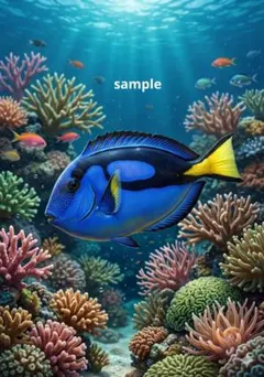 ナンヨウハギとサンゴ礁 デジタルアート A4