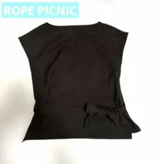 ロペピクニック　黒 ウエストリボン付きノースリーブトップス　カットソー