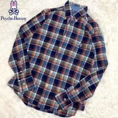 サイコバニー　リネンシャツ　長袖　刺繍ロゴ　日本製　麻100%　ブルー　M