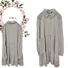 【ザラ】ZARA♡シャツフレアワンピースチュニック前ボタン4【М】被り♡グレー系