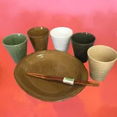 Y【未使用保管品】乾杯～‼ 深山窯 舞ロードスナックセット 中皿＆マルチカップ