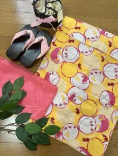 ⚠️未使用子供用浴衣セット黄色×ピンク色96cmレース帯下駄バッグ付きフルセット♪