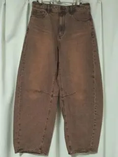 GU★バレルレッグジーンズ ワイドデニム 標準丈 ブラウン L