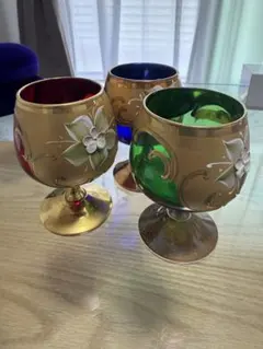 希少・チェコ製】ボヘミアクリスタル ゴブレット＆花瓶 ブルー・ハンド