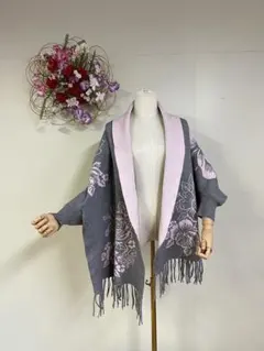 花柄フリンジ付きストール グレーとピンク
