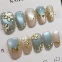 【Sサイズ】 ネイルチップ 水色ピンク マグネット ゴールド No.38