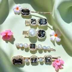 2ヘアピン５本　ラインストーン　ブラックラインストーン　フェイクパール　6