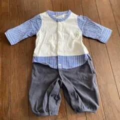 Petit main 青と白ストライプ2wayロンパース