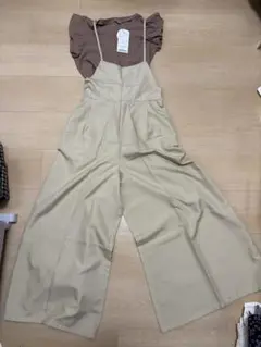 新品　ベージュ コットン混紡 オーバーオール