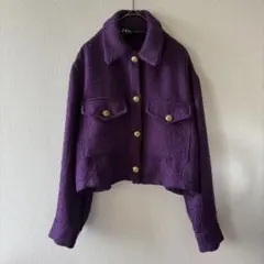 ZARA テクスチャークロップドジャケット ザラ パープル ツイード 金ボタン