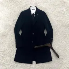 <美品>LARDINI ネイビー ウール チェスターコート ブートニエール 44 美品>LARDINI ネイビー ウール チェスターコート ブートニエール 44