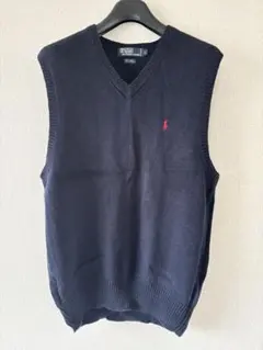 【Ralph Lauren】コットンリネンニットベスト　ネイビー　赤刺繍　L