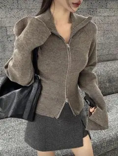 ジッパー付きリブニット　ダブルジップ　キャメル SHEIN DAZY