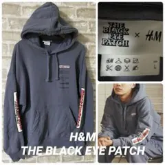 エイチ&エム　メンズL パーカー　ブラックアイパッチ　コラボ　ブルー　グレー