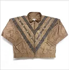 90sヴィンテージ風 ナイロンジャケット 総柄ライン ブラウン L ユニセックス